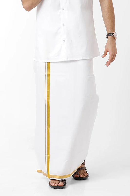 Elegant Men's White Premium Pure Cotton Golden Zari Border Dhoti Set