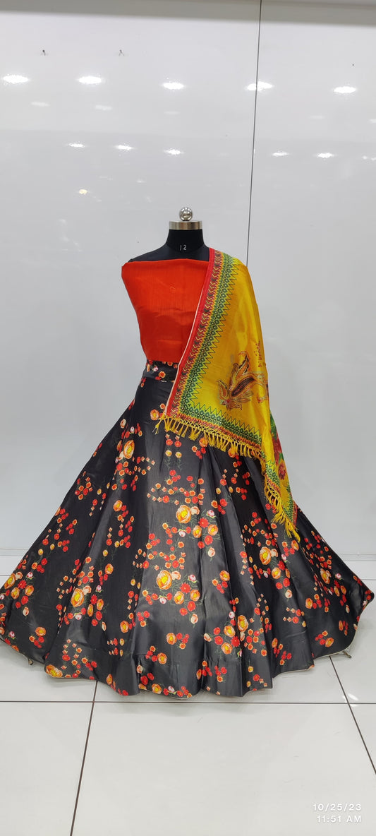 Charming Black Color Printed Work Garba Lehenga Cholis For Women