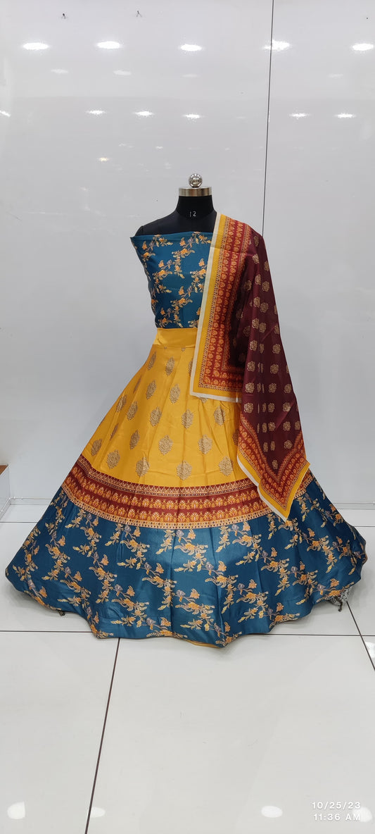 Attractive Yellow Color Printed Garba Lehenga Cholis For Women