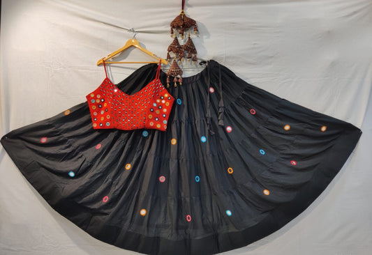 Lovely Black Color Rayon Cotton Skirt With Mirror Work For Women