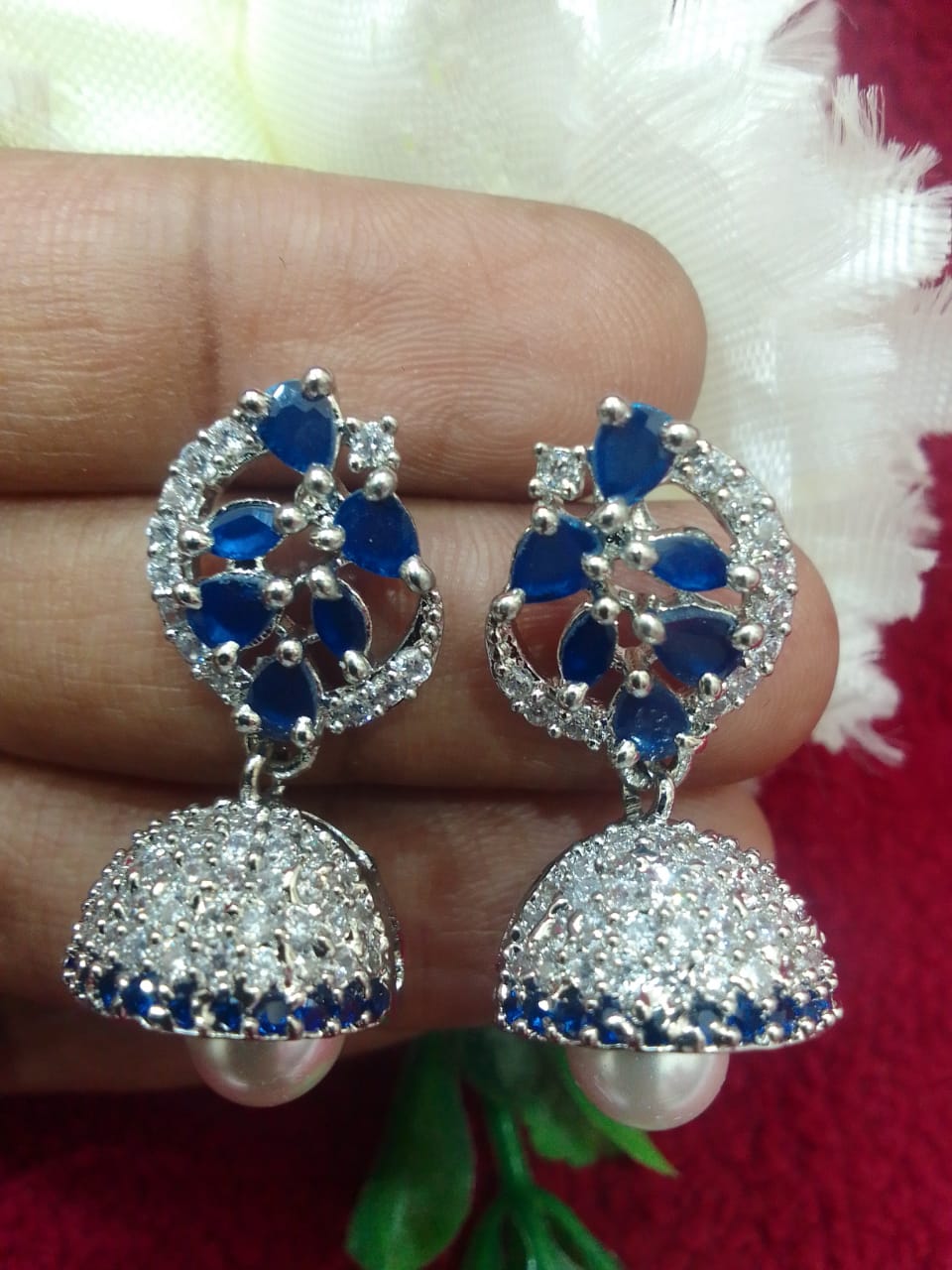 Stunning Teal Blue Color American Diamond Earrings