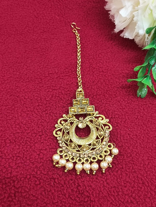 Wonderful Gold Color Beautiful Antique Gold Tikka With Pearls