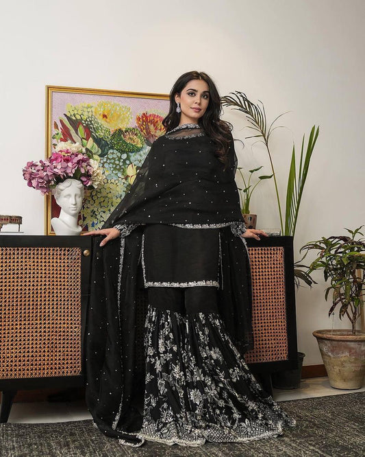 Alluring Black Color Heavy Faux Georgette Embroidery Sequence Work Palazzo Suits For Women