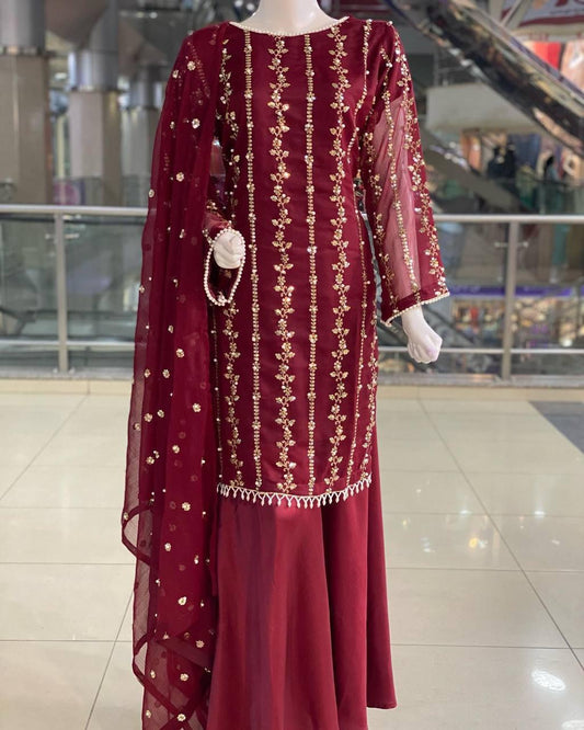 Gorgeous Maroon Color Embroidery With Sequins Work Plazzo Suits For Women