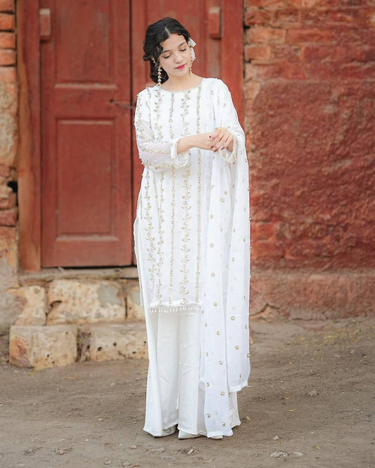 Stunning White Color Heavy Faux Georgette Palazzo Suits For Women