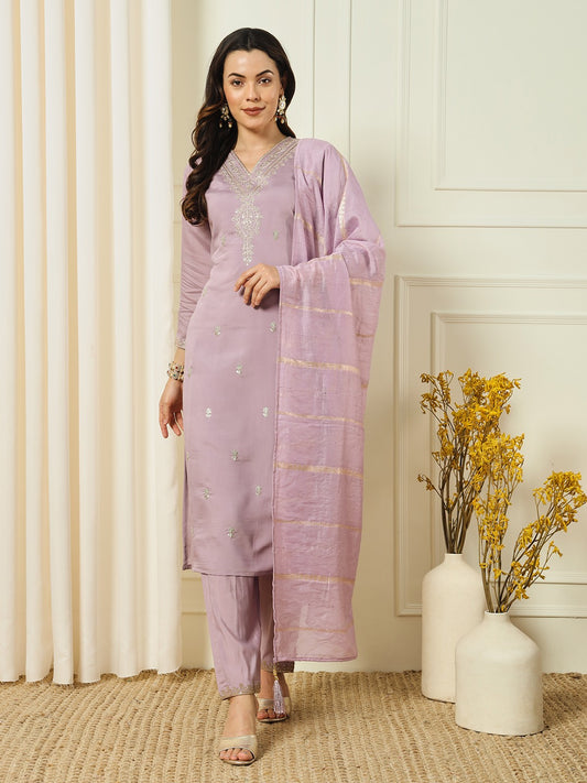 Stunning Lavender Color Roman Silk Embroidered Work Salwar Suits For Women