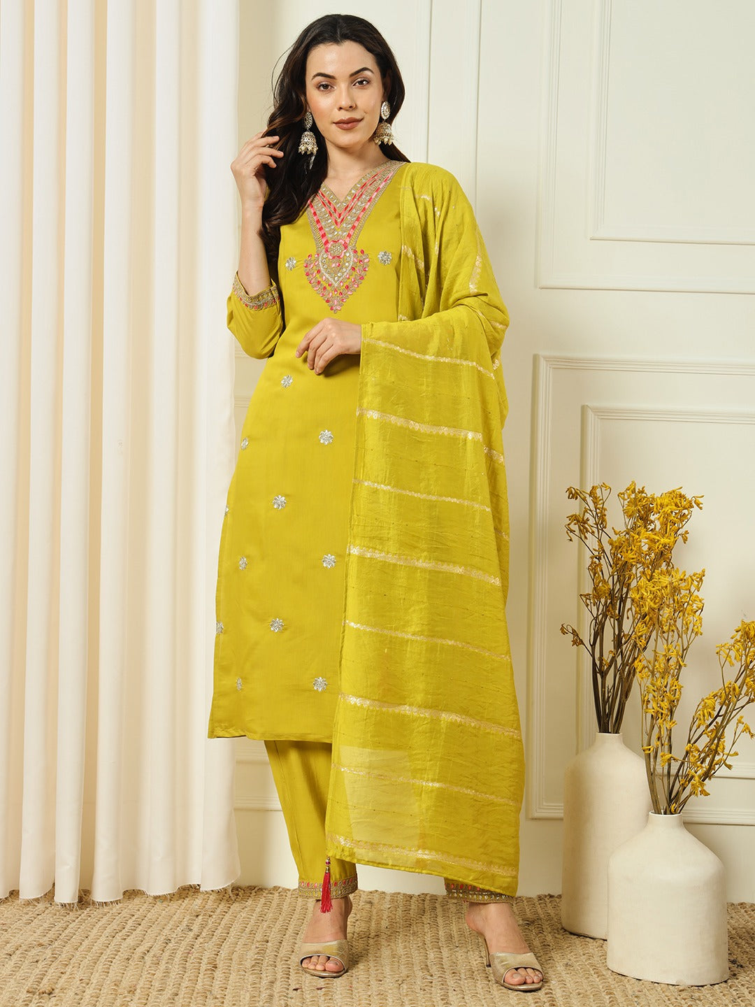 Attractive Mustard Yellow Color Roman Silk Embroidered Work Salwar Suits With Dupatta Set