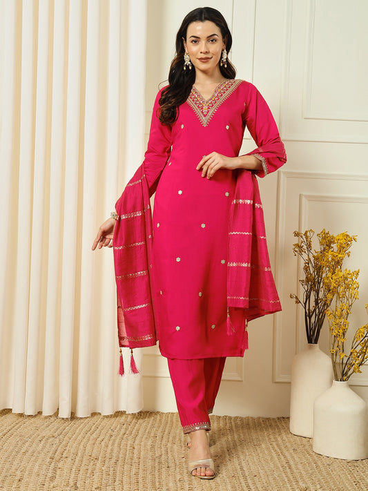 Alluring Rani Pink Color Fully Stitched  Embroidered Salwar Suits With Dupatta Set