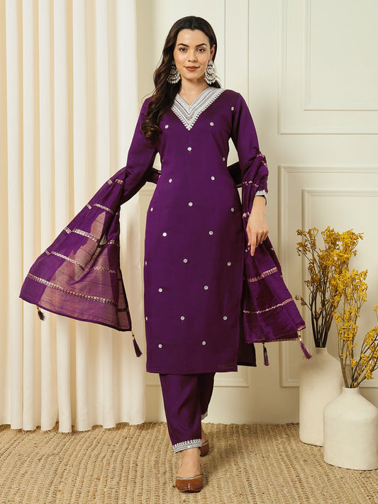 Enchanting Purple Color Roman Silk Sequins Work Salwar Suits With Dupatta Set