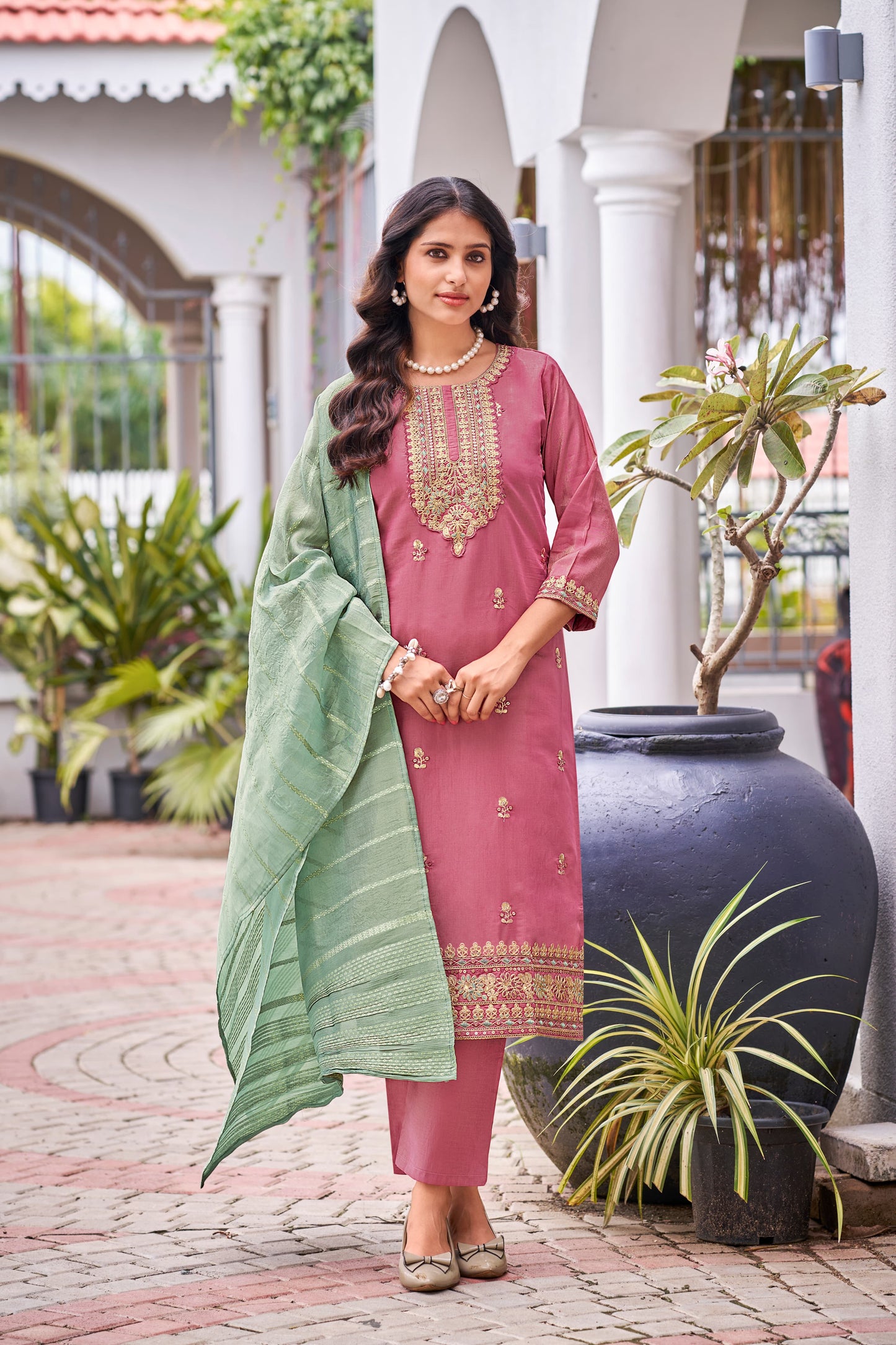 Gorgeous Pink Color Roman Silk Embroidery Work Salwar Suits With Dupatta For Women