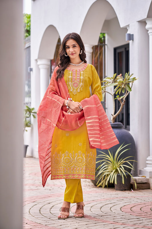 Elegant Mustard Yellow Color Heavy Embroidery Work Salwar Suits With Dupatta Set