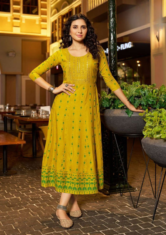 Lovely Yellow Colored Rayon With Neck Embroidery work Kurti For Women