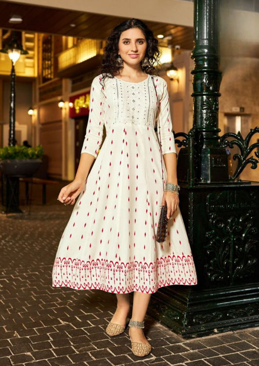 Pretty White Colored Rayon With Neck Embroidery work Kurti For Women