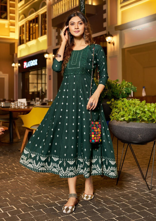 Charming Green Colored Rayon With Neck Embroidery work Kurti For Women