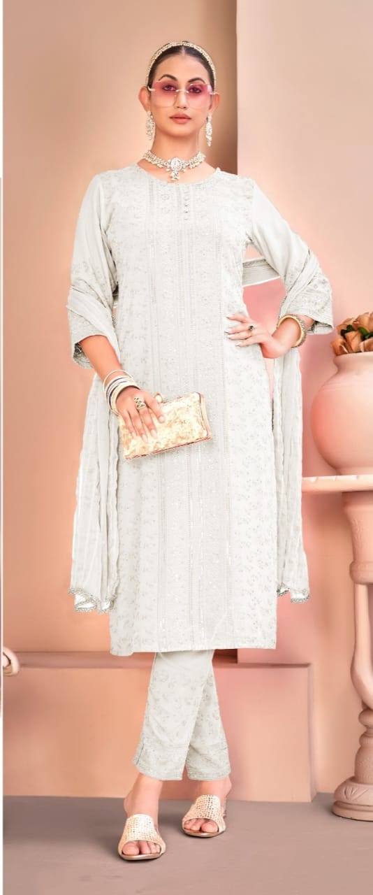 Charming White Color Viscouse Rayon Salwar Suits With Dupatta Set