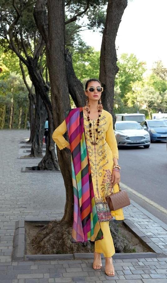 Elegant Yellow Color Cotton Embroidered Salwar Suits With Dupatta Set