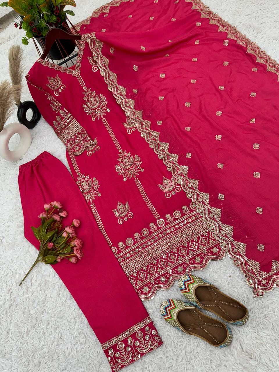 Beautiful Pink Color Pure Heavy Chinon Sharara Suits In USA