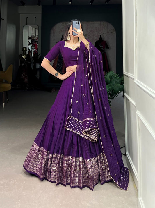 Elegant Purple Colored Plain With Zari Weaving Work Border Lehenga Choli With Dupatta