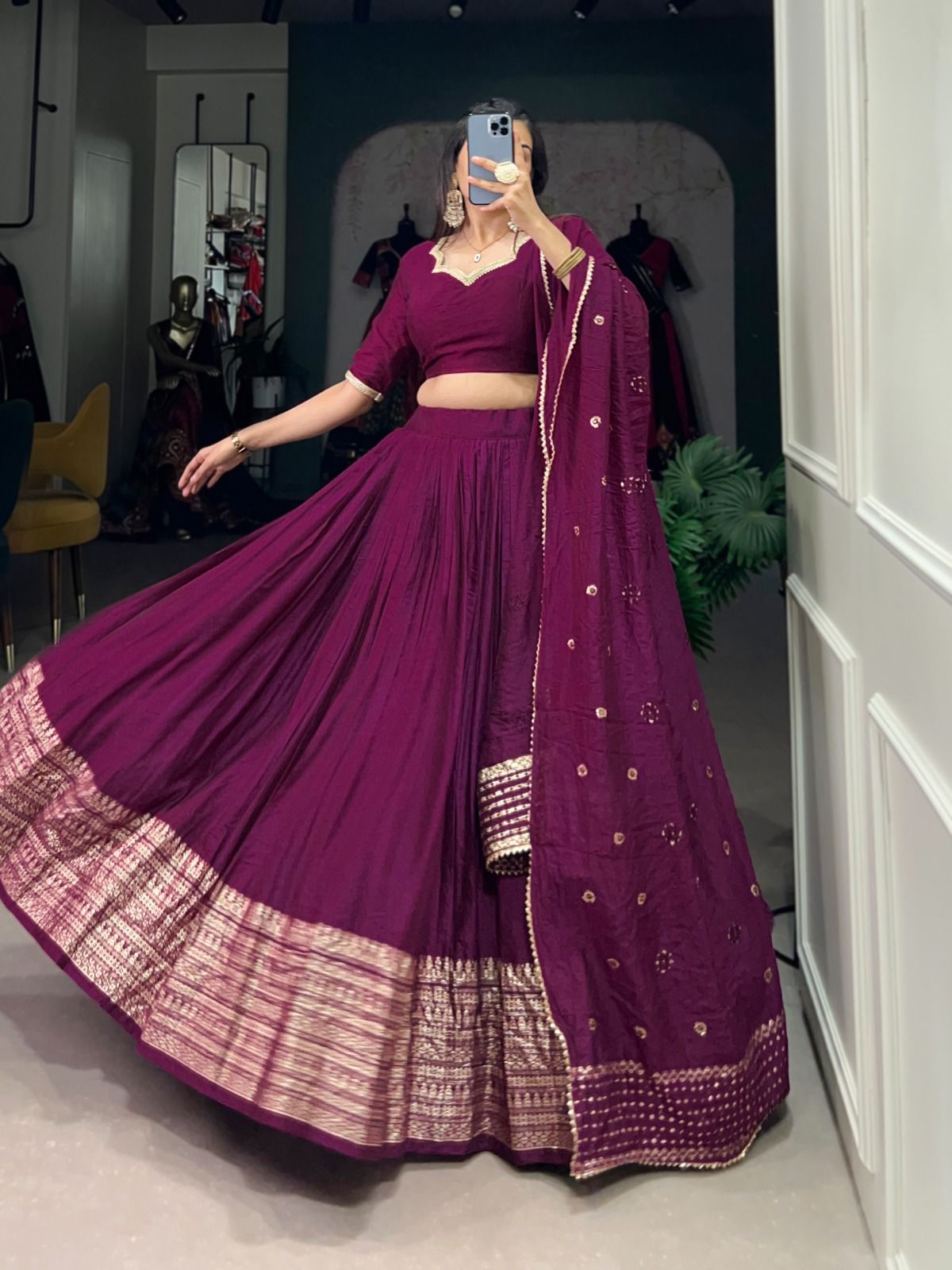 Wine Colored Plain With Zari Weaving Work Border Lehenga Choli In USA