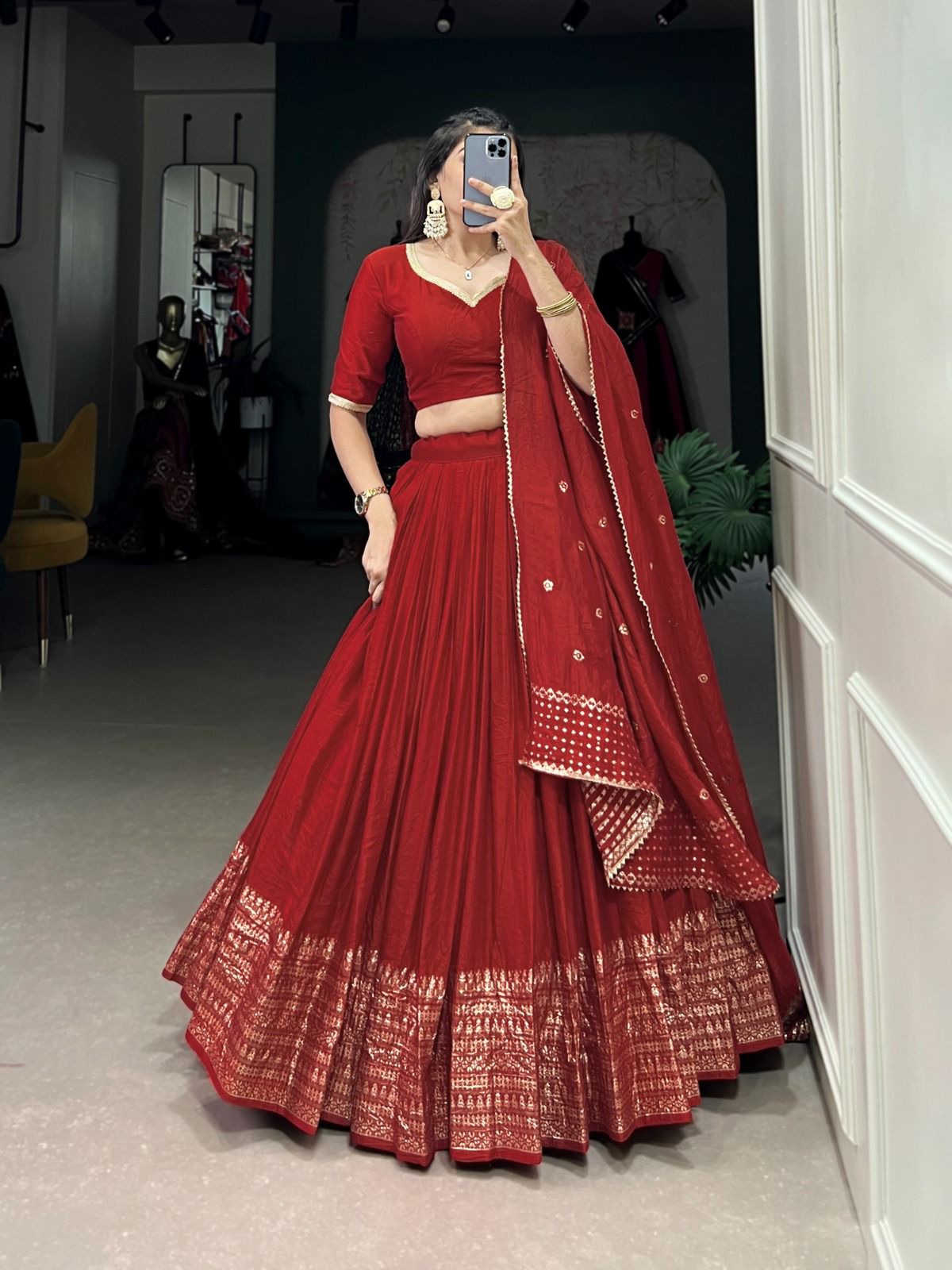 Charming Red Colored Plain With Zari Weaving Work Border Lehenga Choli With Dupatta