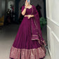 Alluring Wine Colored Plain With Zari Weaving Work Border Lehenga Choli With Dupatta