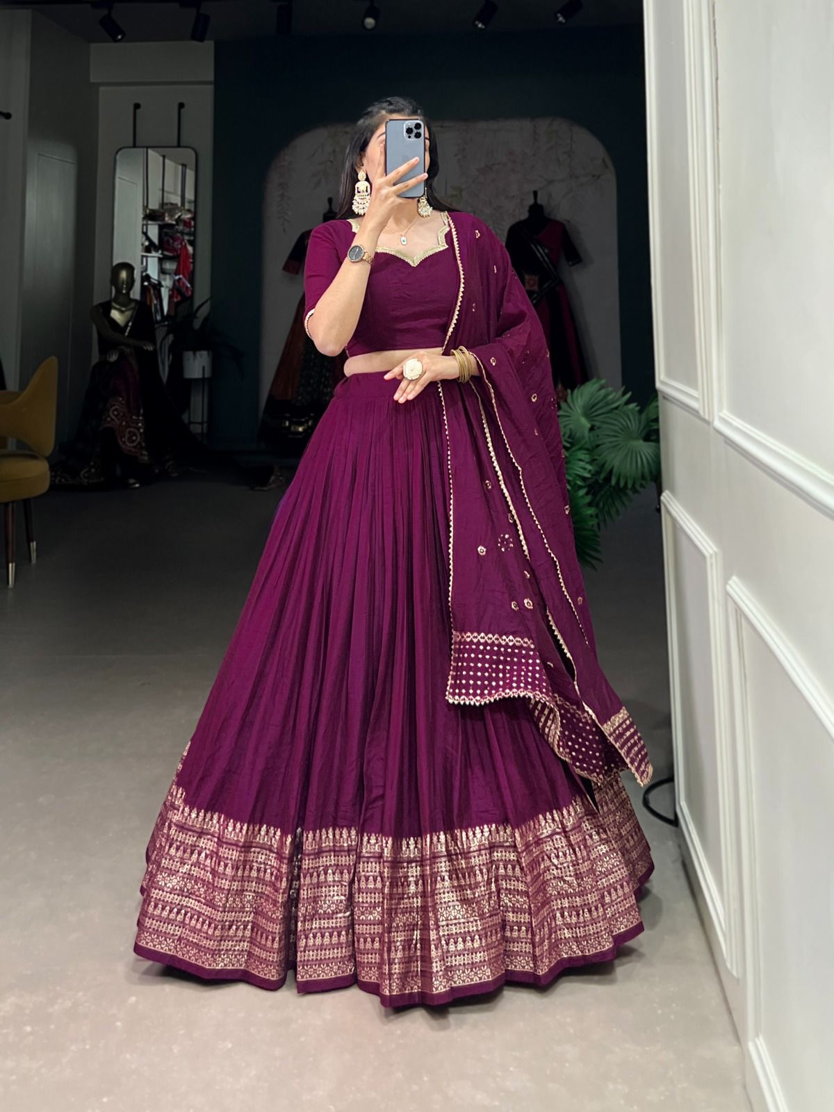 Alluring Wine Colored Plain With Zari Weaving Work Border Lehenga Choli With Dupatta