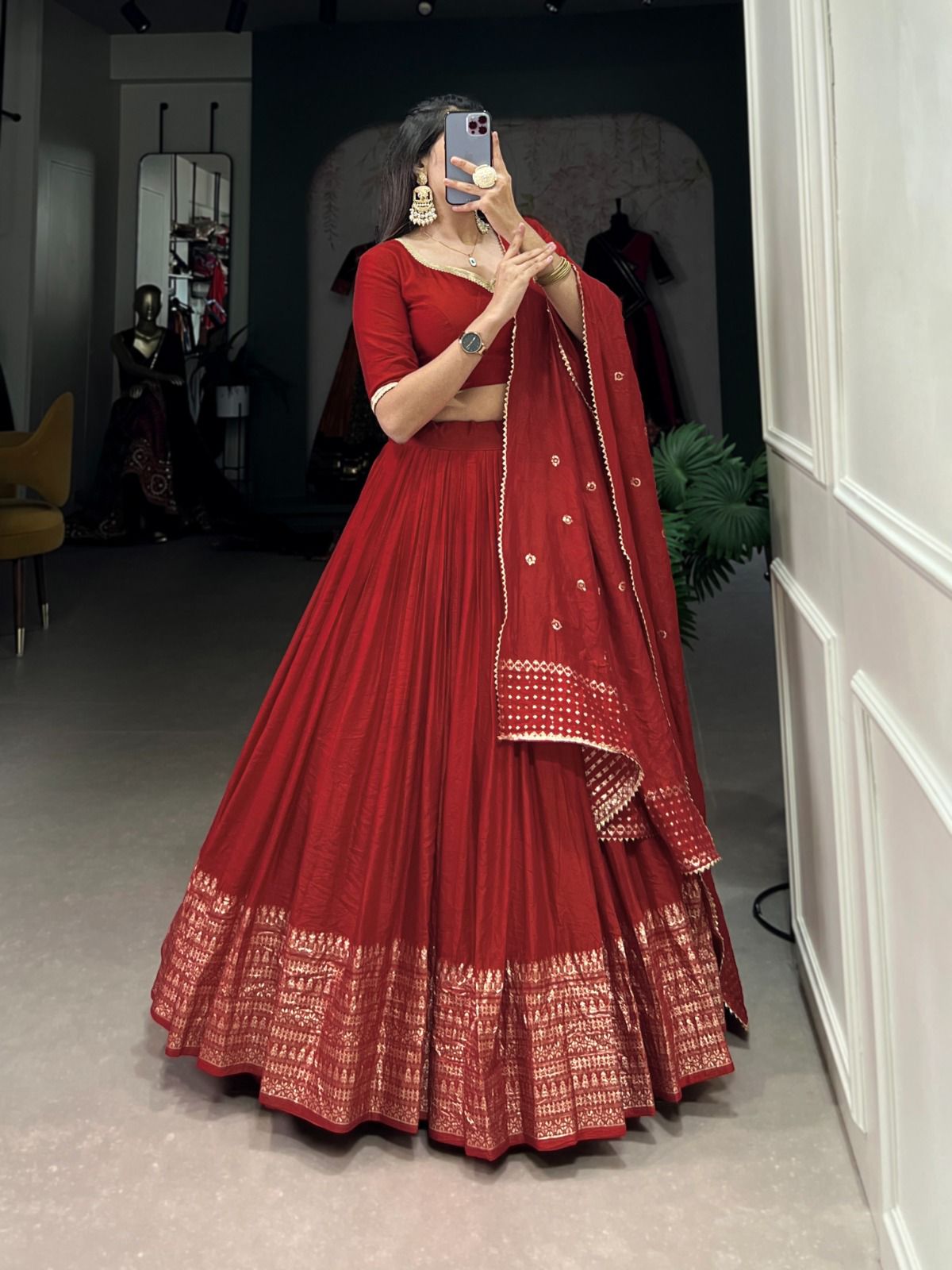 Charming Red Colored Plain With Zari Weaving Work Border Lehenga In Near Me