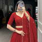 Red Colored Plain With Zari Weaving Work Border Lehenga Choli In USA