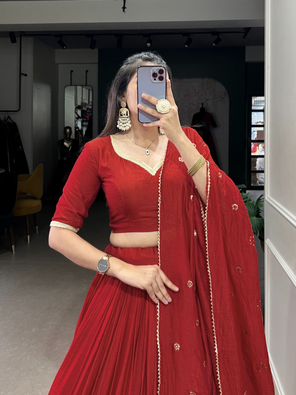 Red Colored Plain With Zari Weaving Work Border Lehenga Choli In USA