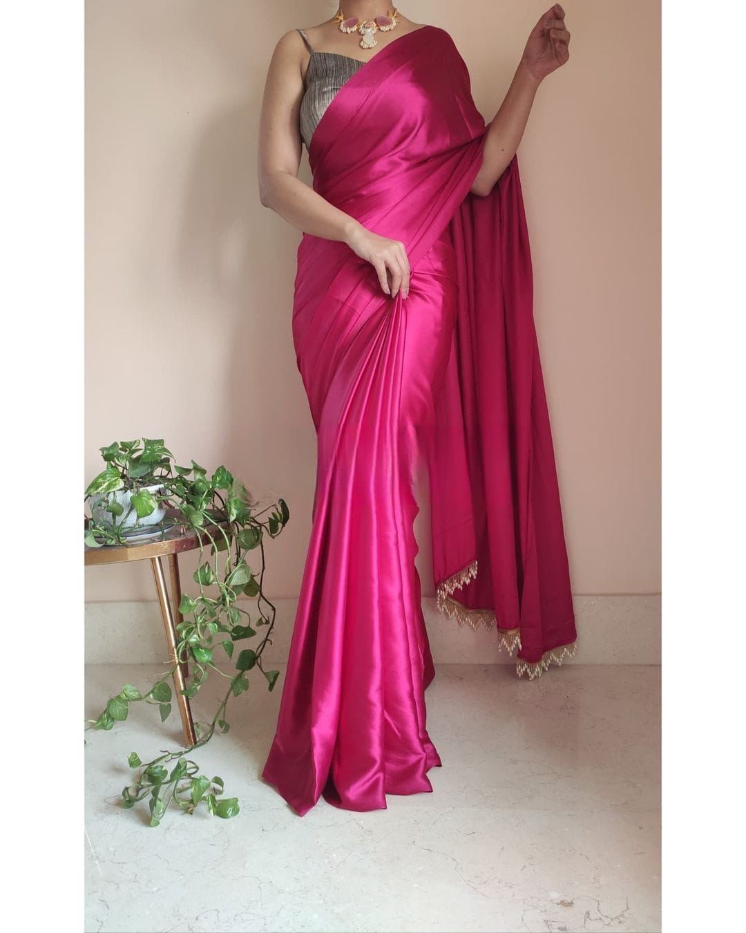 Rani Pink color Satin Saree Near Me 