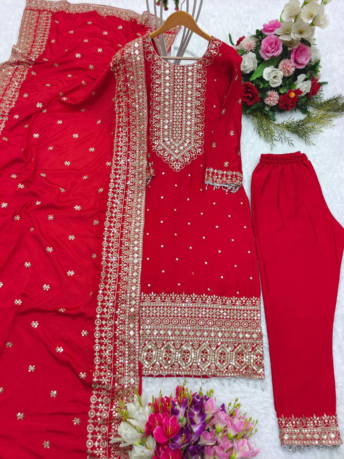 Red Color Chinon Silk Embroidery Work Kurti Suit With Dupatta Near me