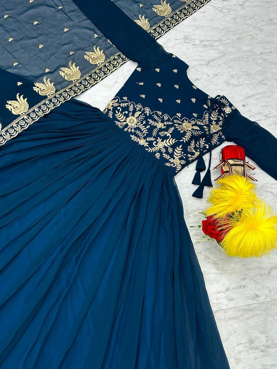 Beautiful Blue Colored Heavy Sequins Embroidery Work Long Gown With Dupatta In Phoenix