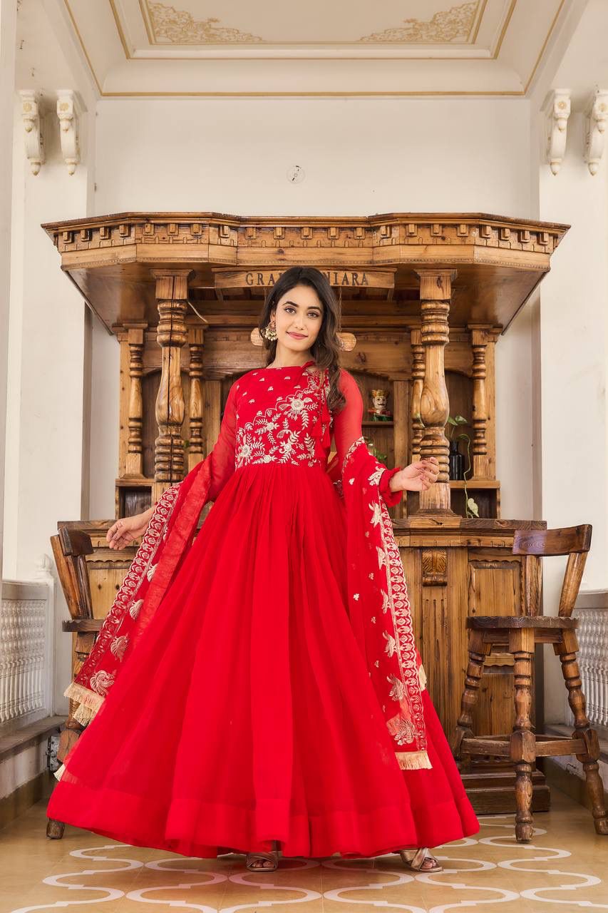 Elegant Red Colored Heavy Sequins Embroidery Work Long Gown With Dupatta