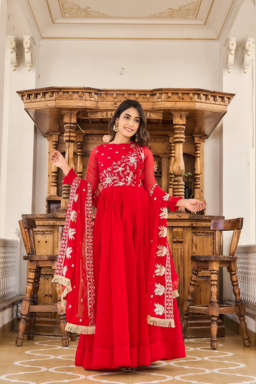 Red Colored Heavy Sequins Embroidery Work Long Gown With Dupatta In Near Me