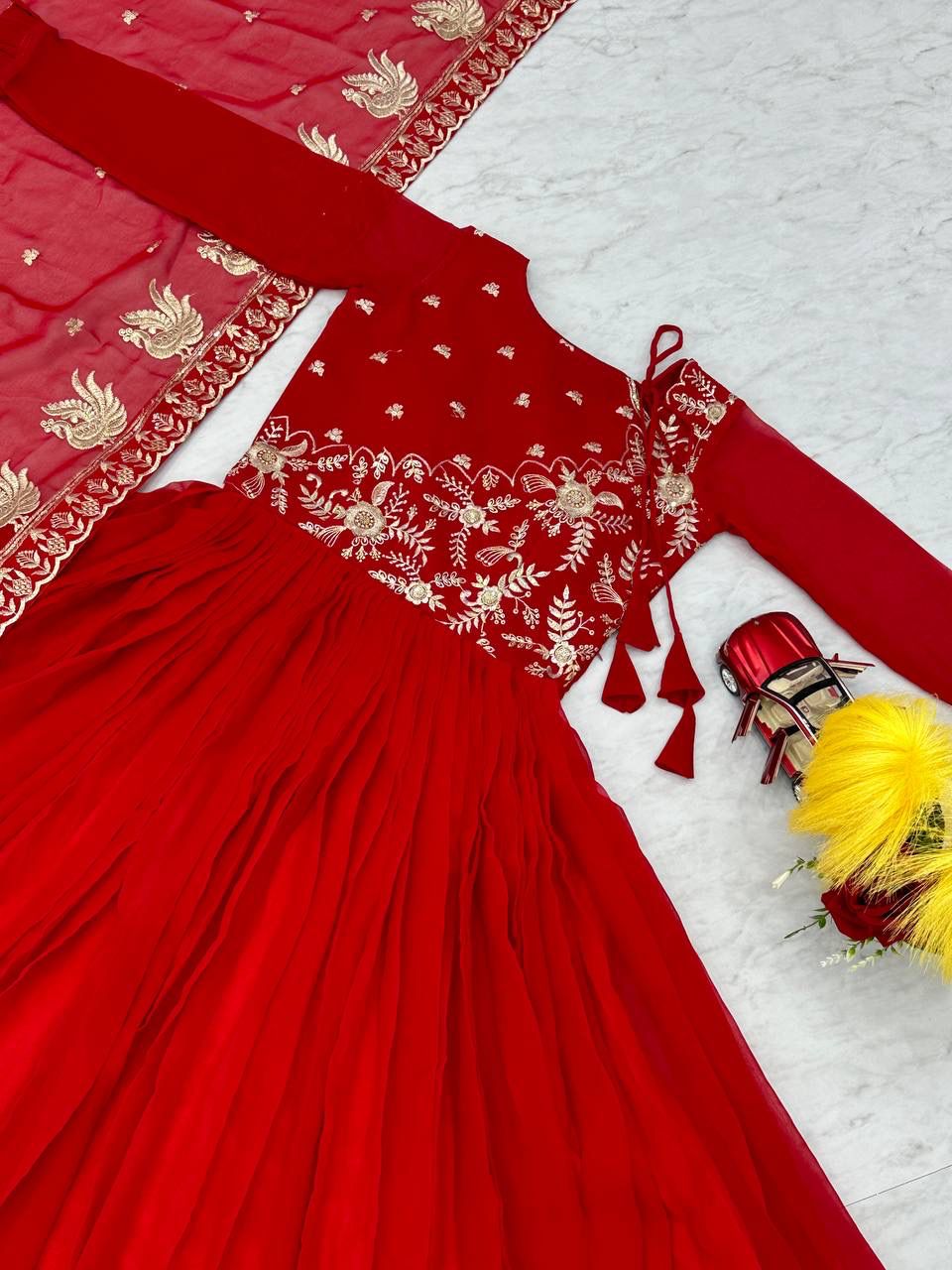 Red Colored Heavy Sequins Embroidery Work Long Gown With Dupatta In Chandler