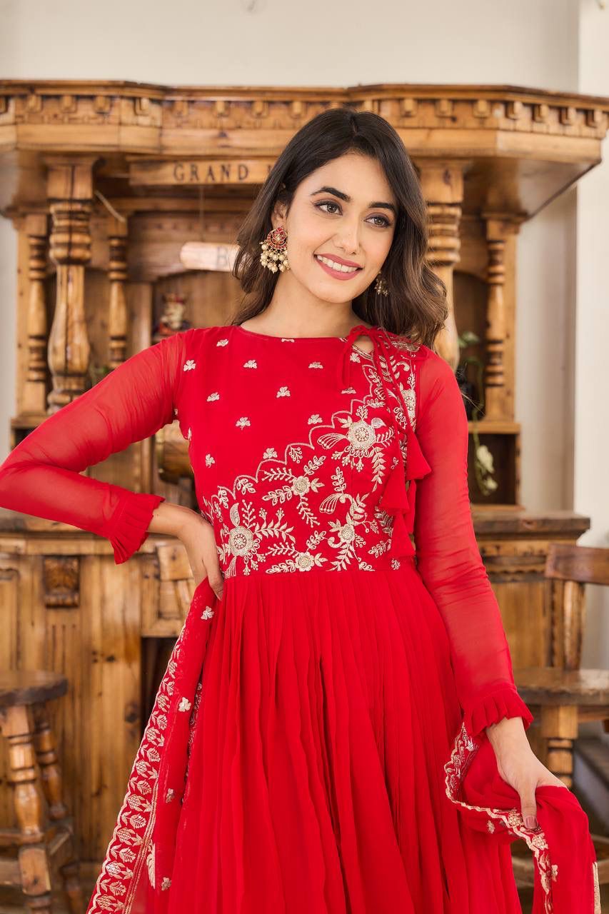 Red Colored Embroidery Work Long Gown In Yuma