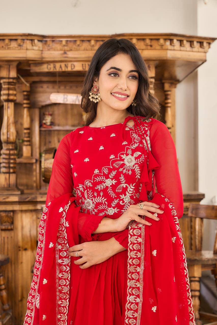  Red Colored  Embroidery Work  Gown With Dupatta In Suncity