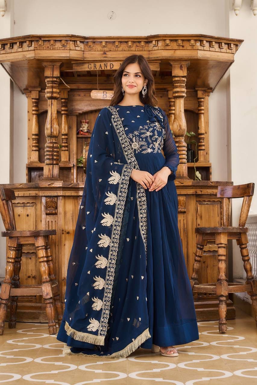 Beautiful Blue Colored Heavy Sequins Embroidery Work Long Gown With Dupatta