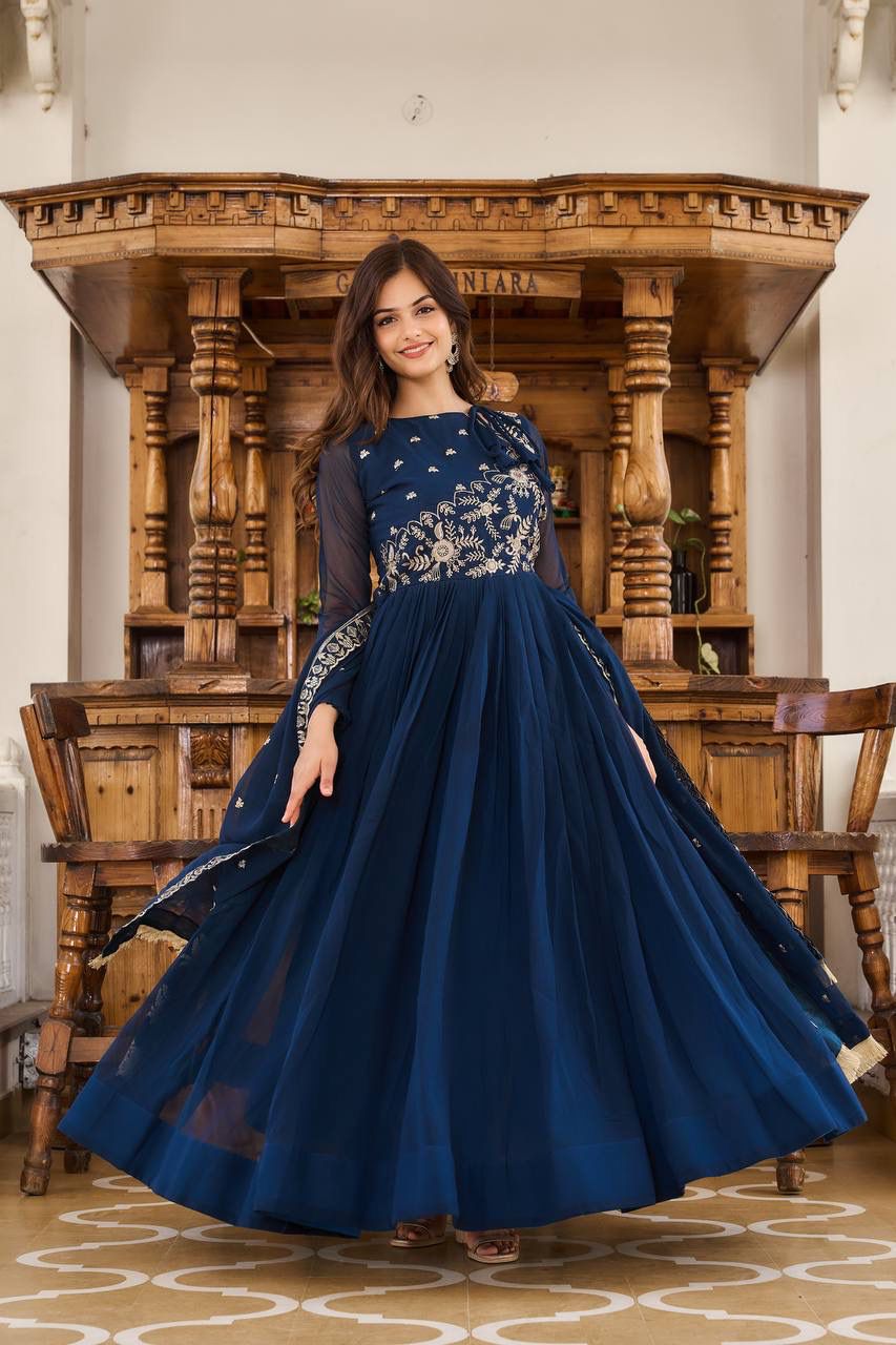 Blue Colored Heavy Sequins Embroidery Work Long Gown With Dupatta Near Me