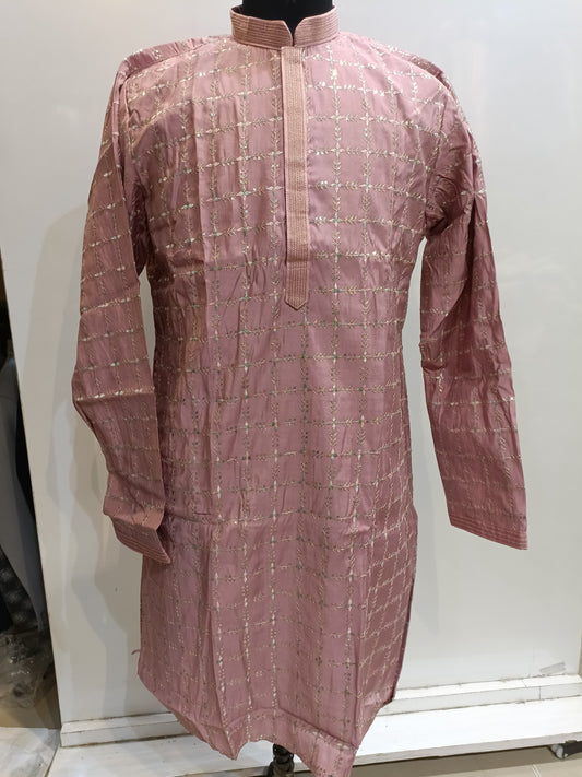 Elegant Lilak Color Silk Kurta With Embroidery Work Pajama For Men