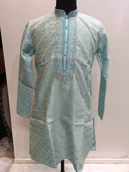 Beautiful Sky Blue Colored Banarasi Brocade Kurta Suits For Men