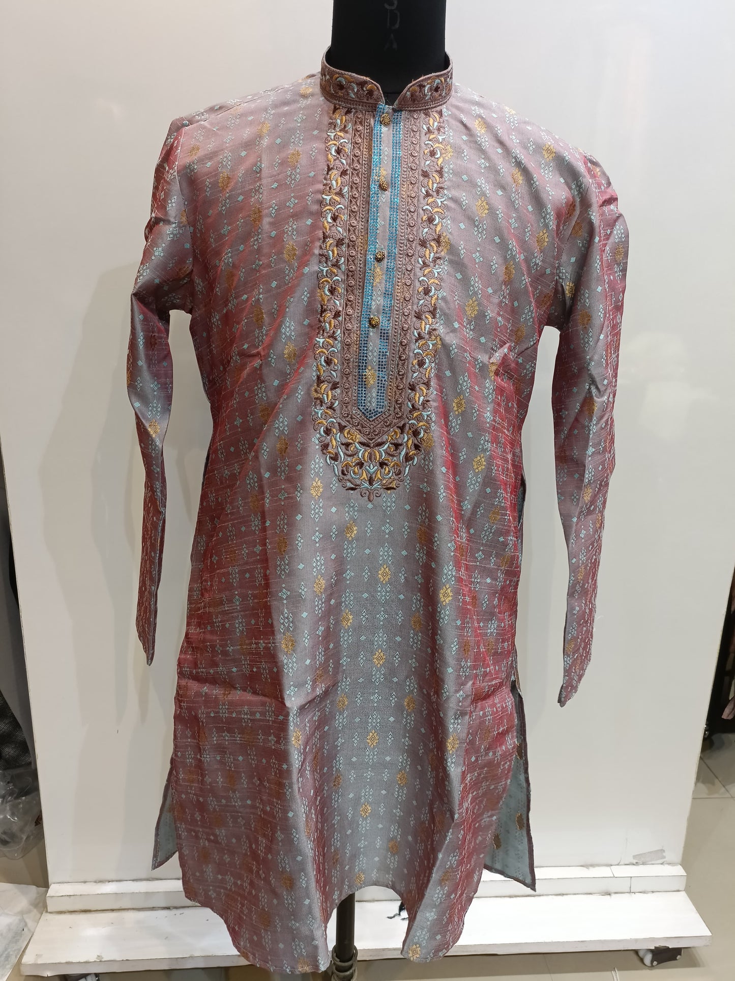 Fabulous Firozi Colored Silk Brocade Kurta Suits For Men