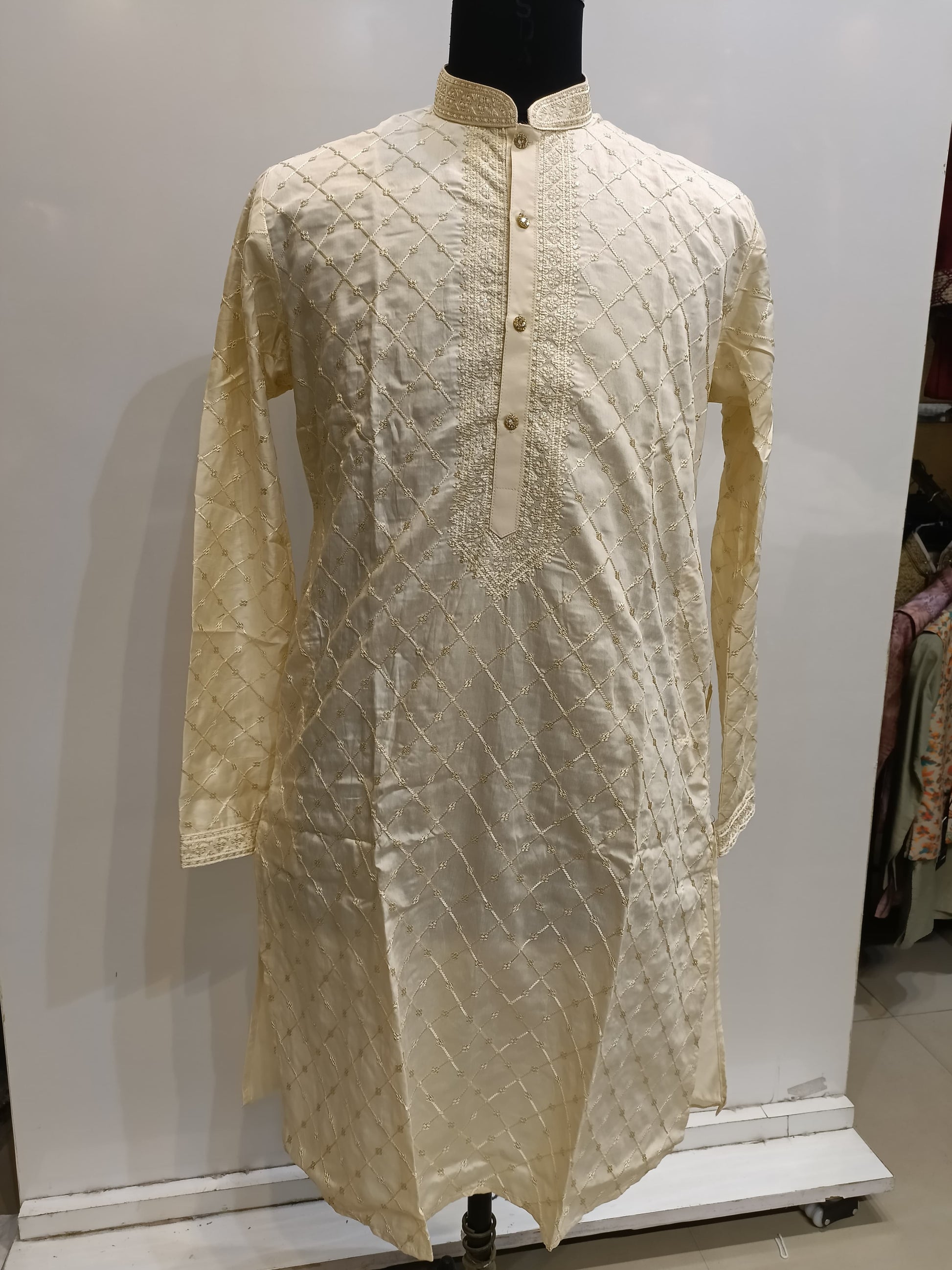 Beautiful Biege Colored Silk Brocade Kurta Suits For Men