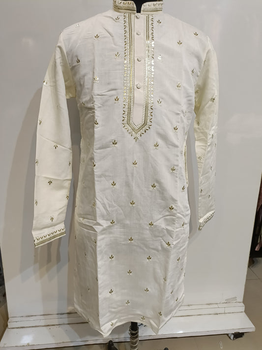 Marvellous Cream Colored Silk Brocade Kurta Suits For Men