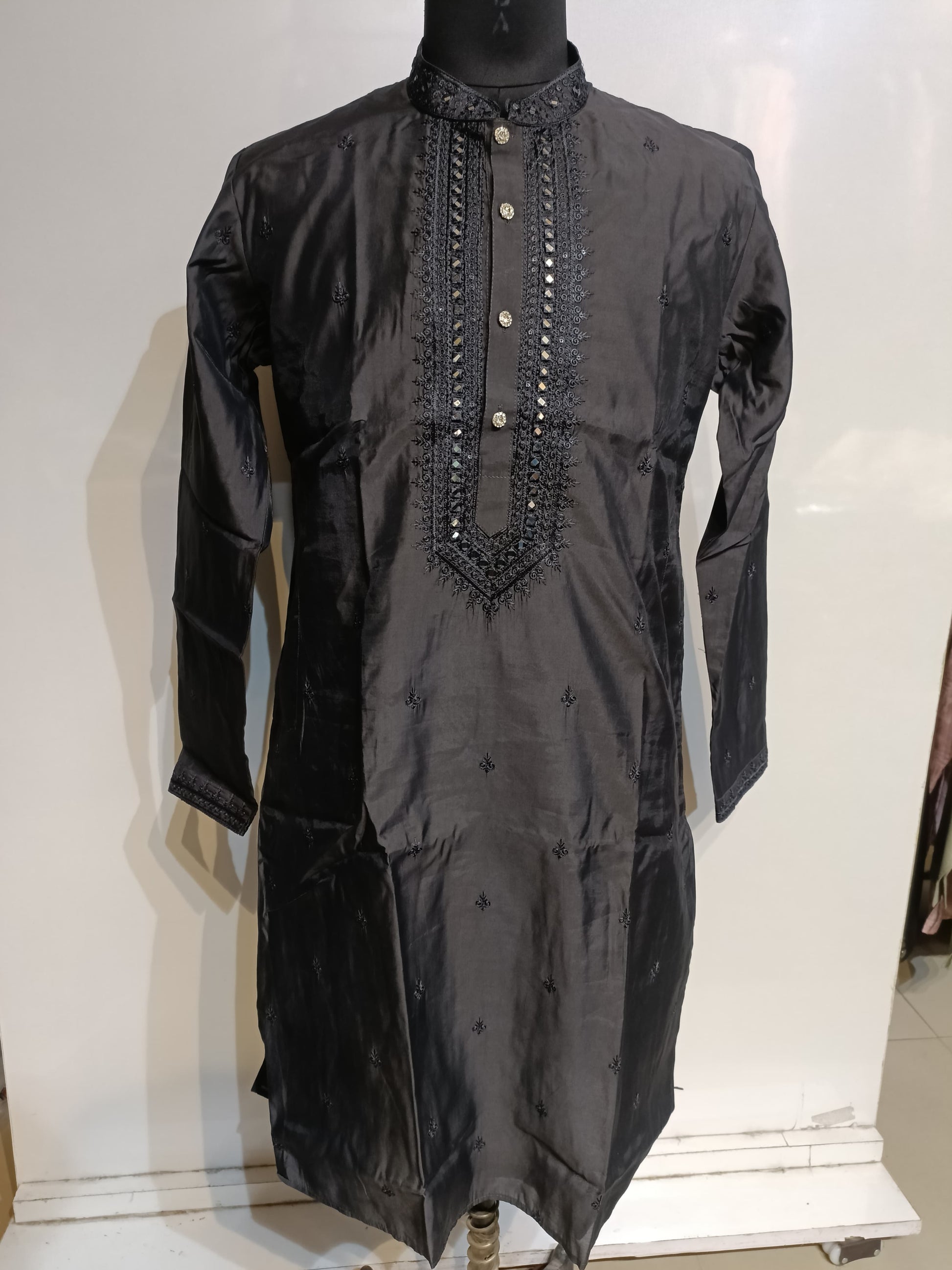 Pretty Black Color Silk Kurta With Embroidery Work Suits For Men