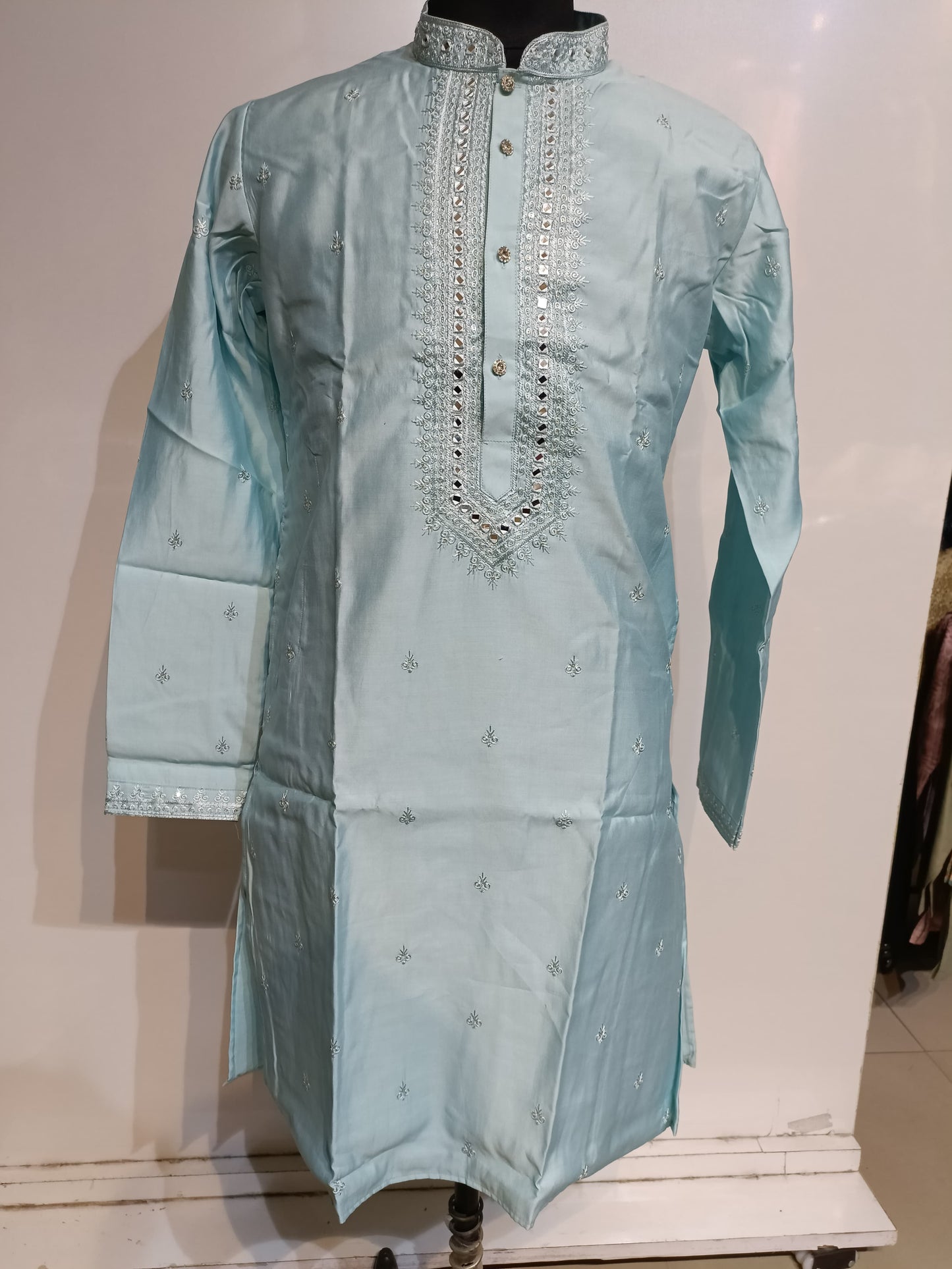 Stunning Sky Blue Colored Silk Kurta With Embroidery Work Suits For Men