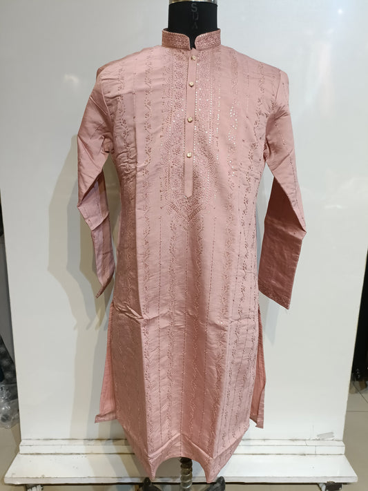 Apparel Light Pink Colored Silk Kurta With Embroidery Work Suits For Men