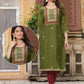 Pretty Olive Green Color Thread Work And Silk Kurti For Women