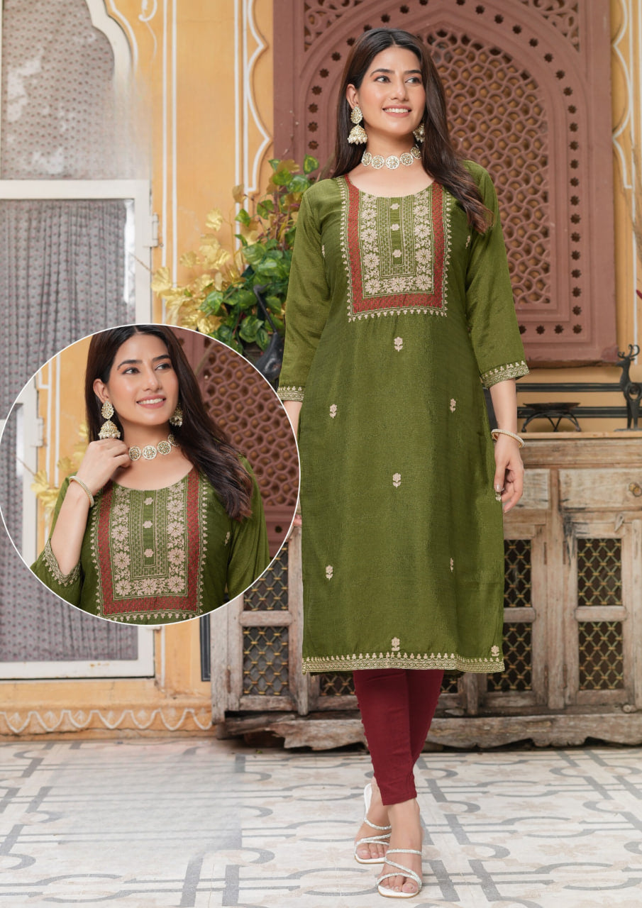 Pretty Olive Green Color Thread Work And Silk Kurti For Women