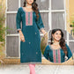 Trendy Teal Blue Color Thread Work And Silk Kurti For Women